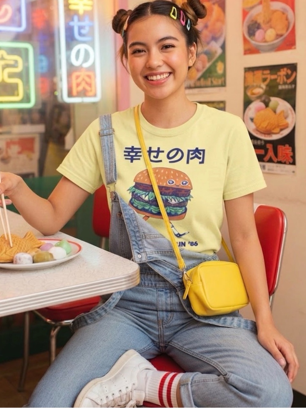 Threadless Tokyo Burger Run 86 Women's Graphic Tee Medium Yellow Kawaii Slim Fit